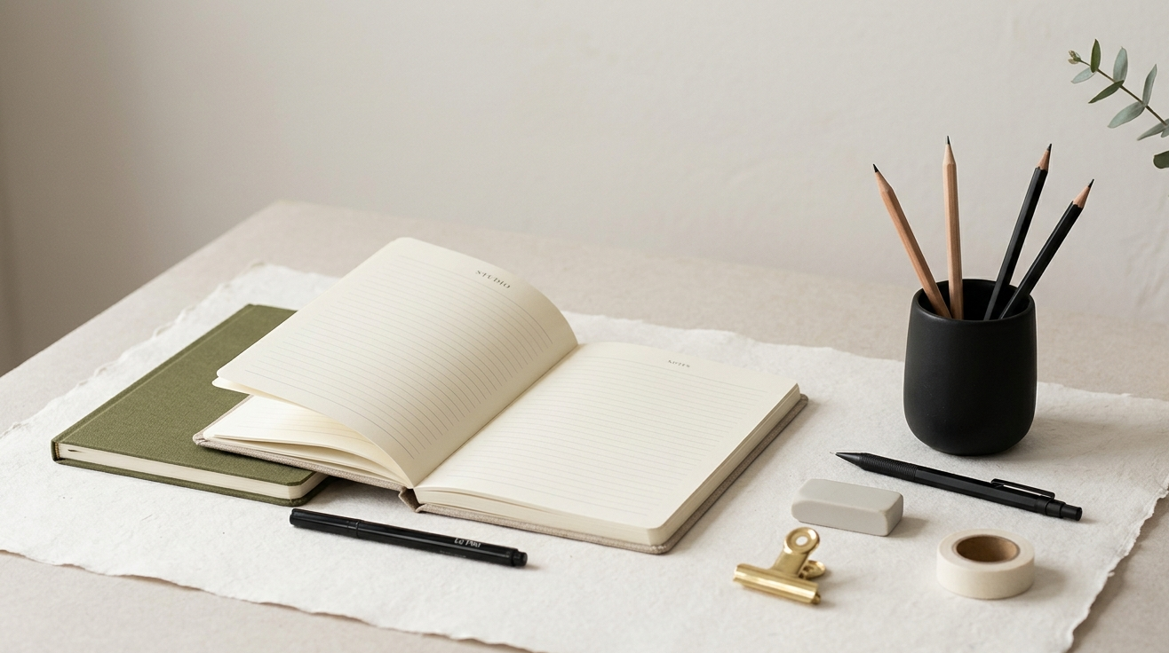 Productos de Kay! Stationery en un estudio minimalista